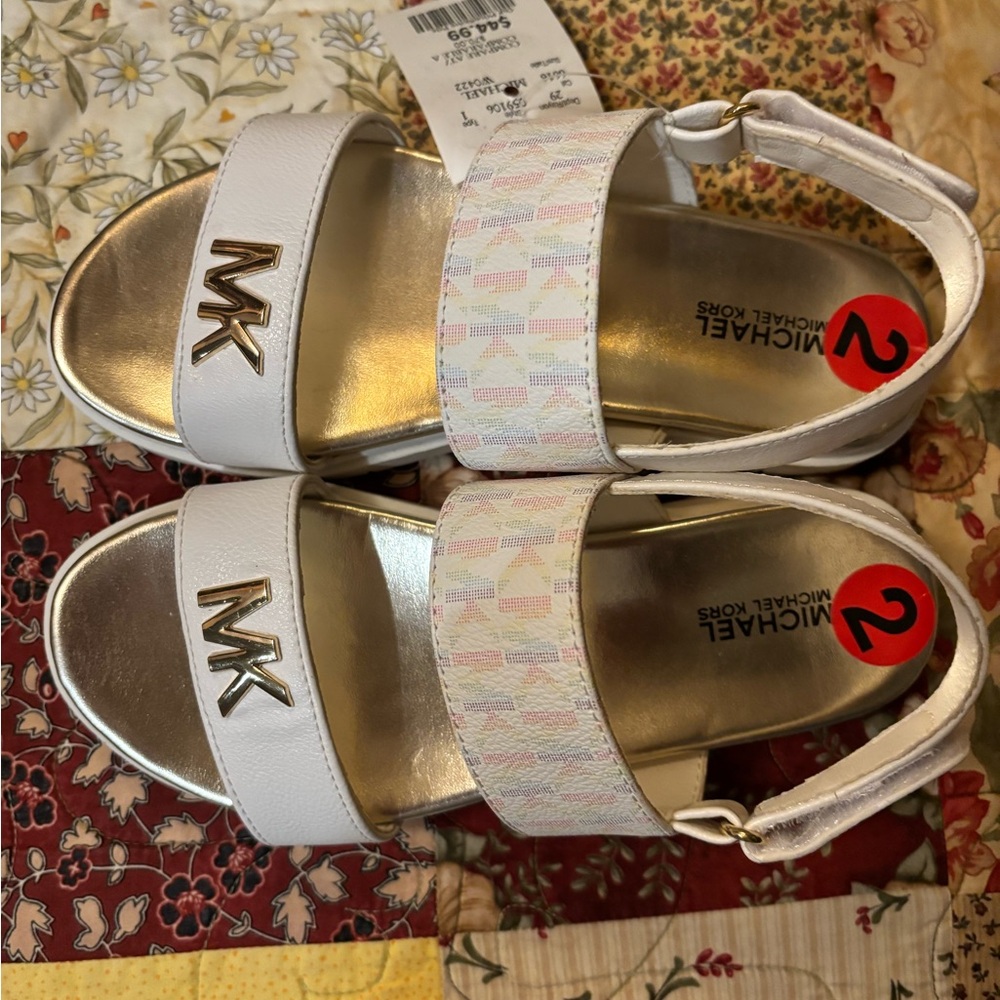 Michael Kors Girls White Sandals with Gold MK Logo and Pastel Strap - Picture 4 of 8